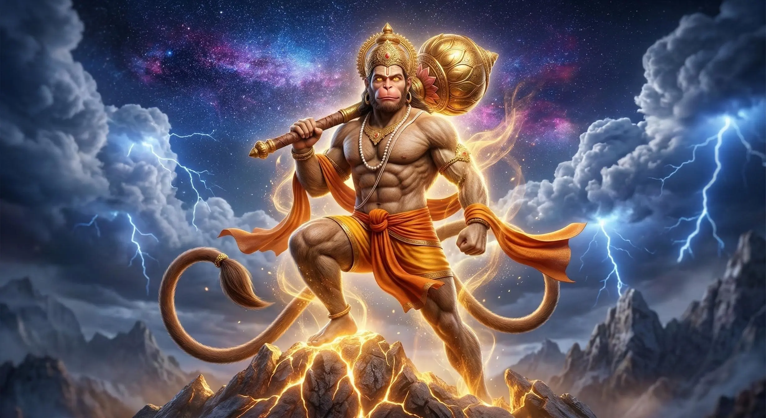 Powerful Hanuman with Gada Storm Sky Wallpaper
