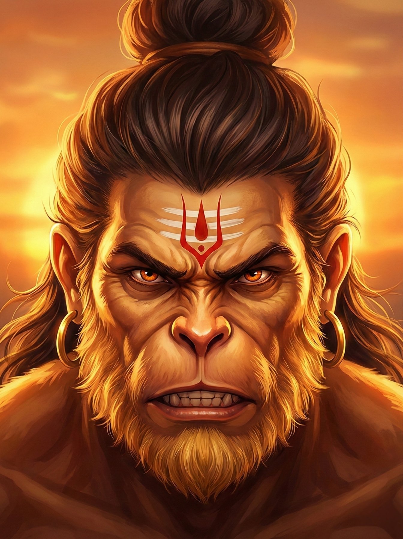 Fierce Lord Hanuman Divine Warrior Portrait Wallpaper