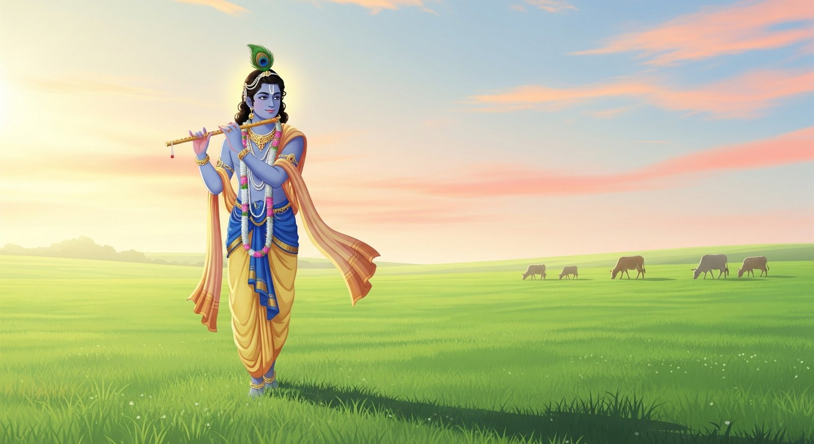 Peaceful Lord Krishna Playing Flute Nature Wallpaper