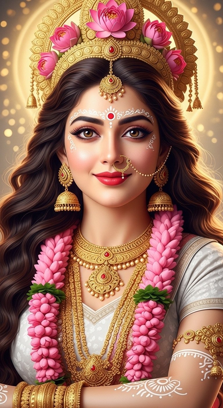 Divine Goddess Lotus Crown Beauty HD Wallpaper